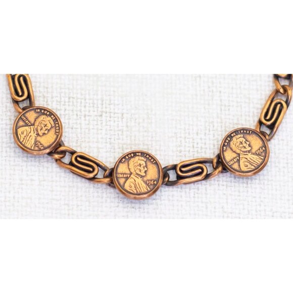 7 inch, Vintage Mid Century Faux Coins Copper Bracelet - AB2 - Picture 2 of 3